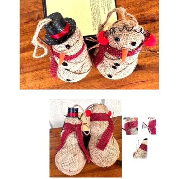 Vintage Handmade Snowflake Mr Mrs Snowman Ornaments Set of 3 Burlap One … - Picture 12 of 12